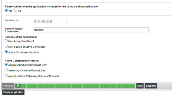 Screenshot of the Online Services Portal application process